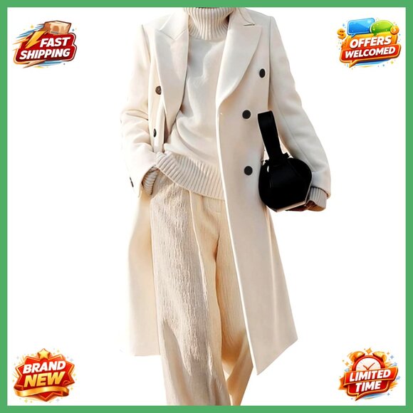 Wool Blend Double Breasted Trench Coat Women's Long Peacoat Winter Warm